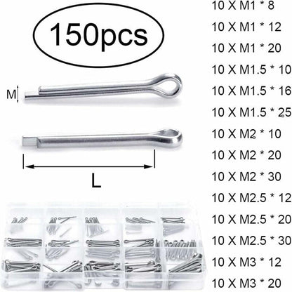 Split pins - 150 pieces - 15 different sizes - stainless steel - silver - for small mechanic repairs.