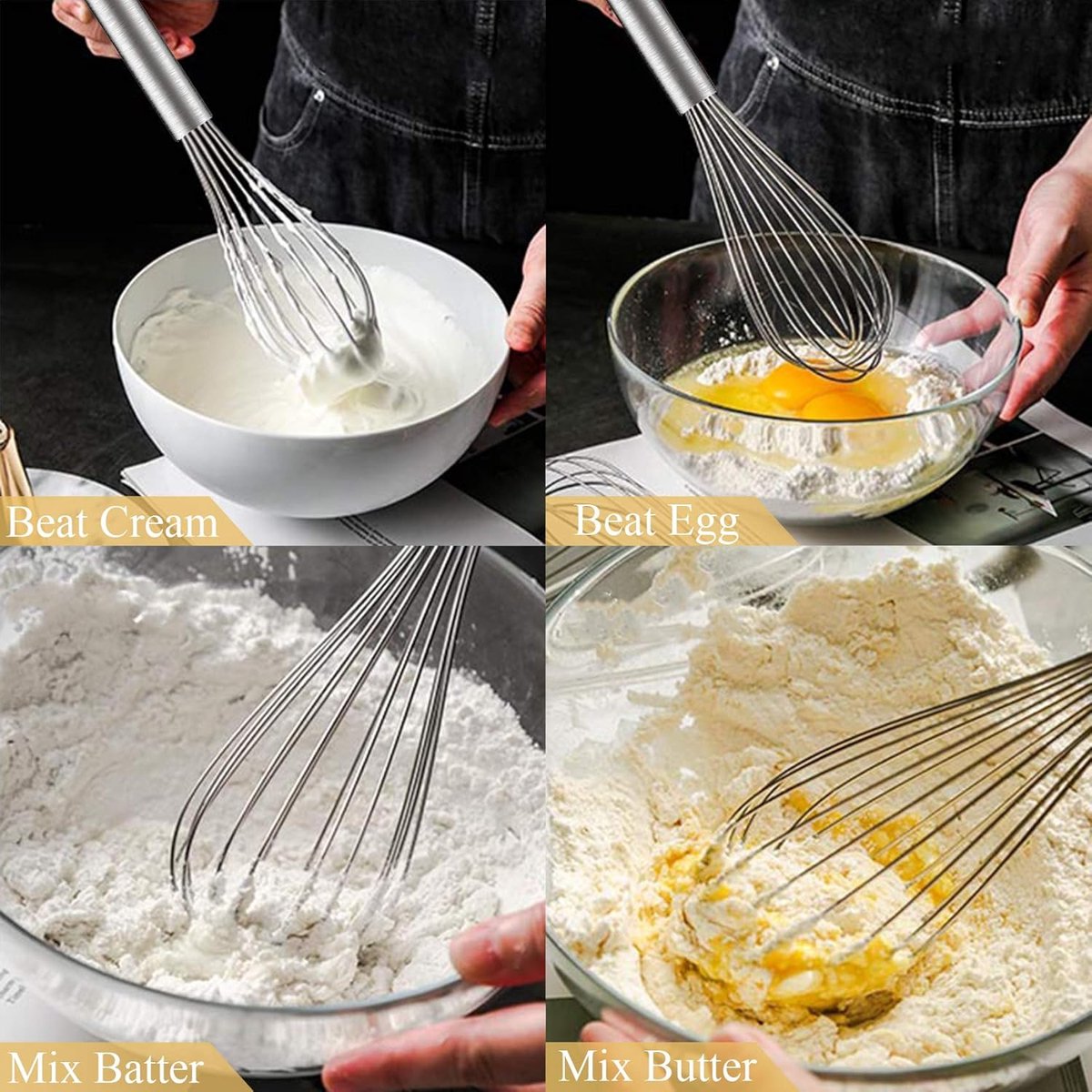 3 pieces - egg beater - Hand mixer - Manual egg beater - 8 inch + 10 inch + 12 inch - Cream mixer - for baking in the kitchen - silver - stainless steel