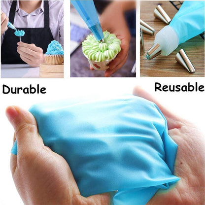 Silicone Piping Bags and Nozzles Set - With 6 Nozzles - Reusable Pastry Icing Bags - For Cupcakes, Cookies, Cream Cake Decorating - Blue