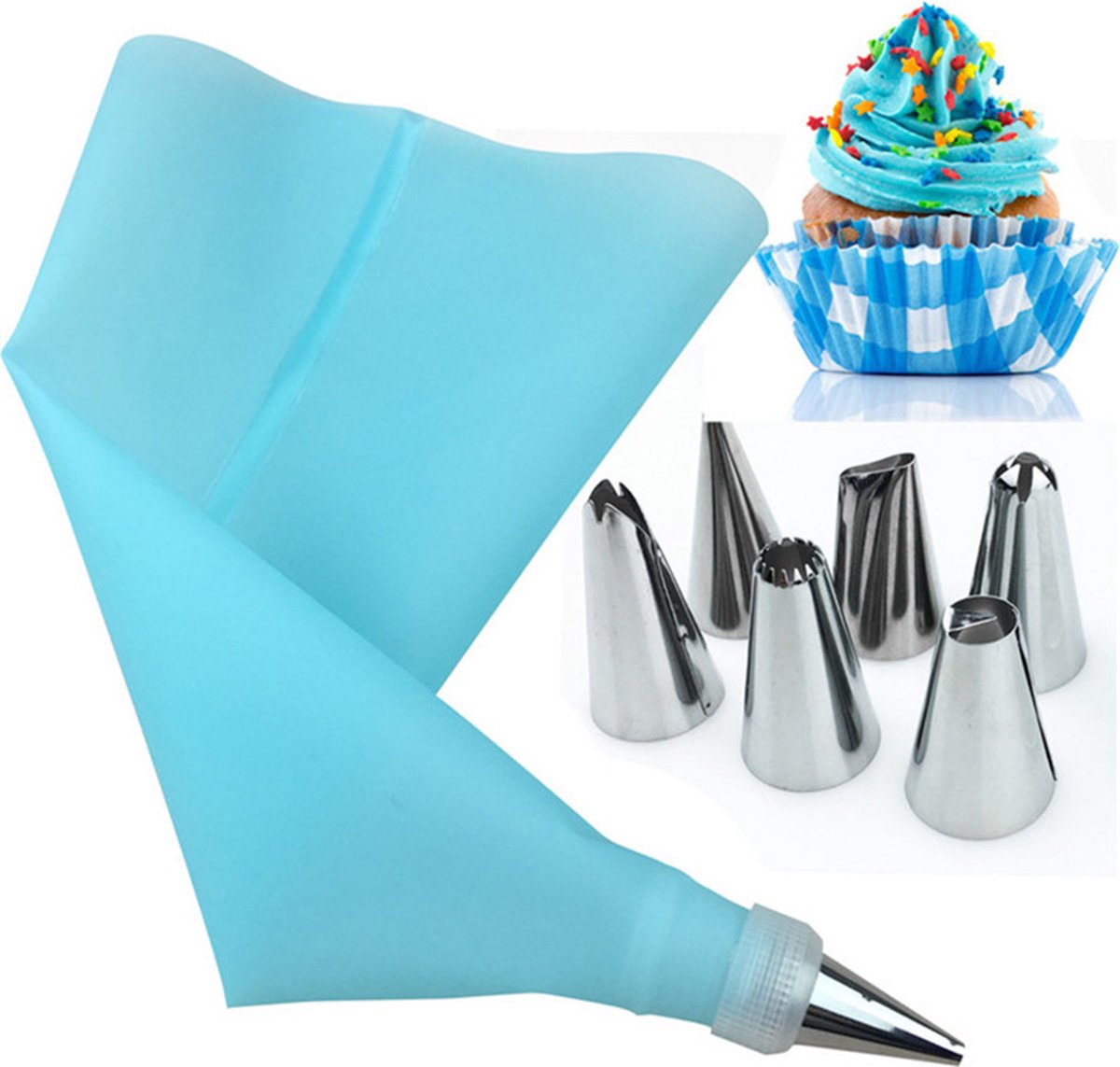 Silicone Piping Bags and Nozzles Set - With 6 Nozzles - Reusable Pastry Icing Bags - For Cupcakes, Cookies, Cream Cake Decorating - Blue