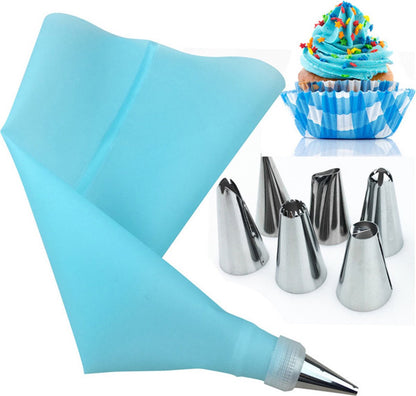 Silicone Piping Bags and Nozzles Set - With 6 Nozzles - Reusable Pastry Icing Bags - For Cupcakes, Cookies, Cream Cake Decorating - Blue