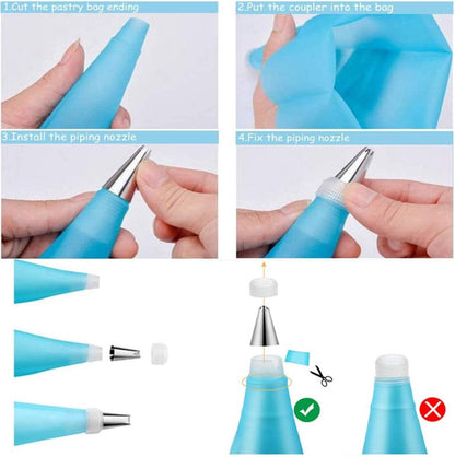 Silicone Piping Bags and Nozzles Set - With 6 Nozzles - Reusable Pastry Icing Bags - For Cupcakes, Cookies, Cream Cake Decorating - Blue