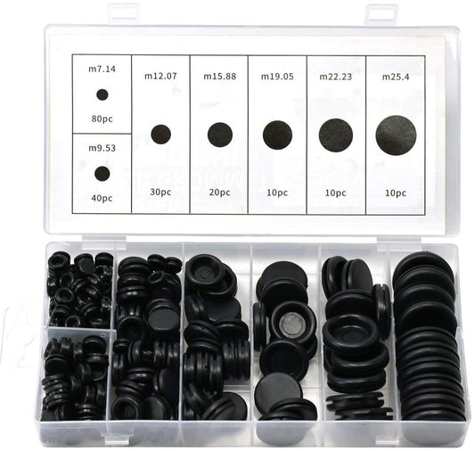 Rubber Grommet - Pack of 200 - Black - 7mm/9mm/12mm/16mm/20mm/22mm/25mm - Closed Rubber Grommet - For Wire, Electrical Installation, Cable Protection - Round Rubber Stopper.