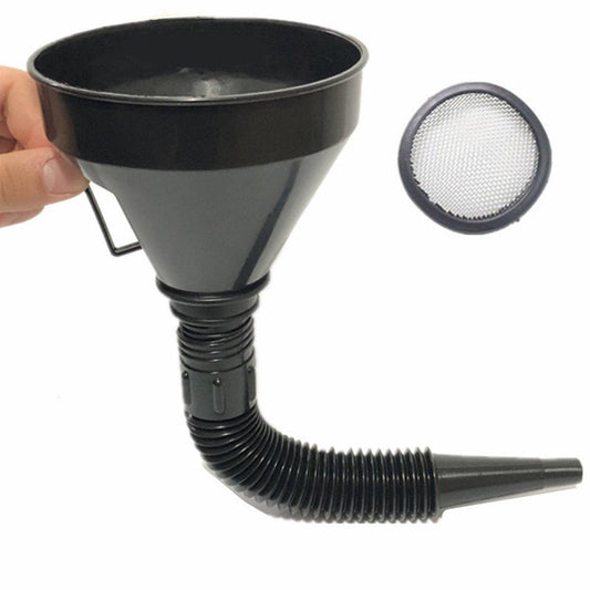 Car oil funnel - With flexible spout and filter - Ã 142 mm - 39 cm - Black - Plastic - Flexible hose - Filling up oil / petrol.