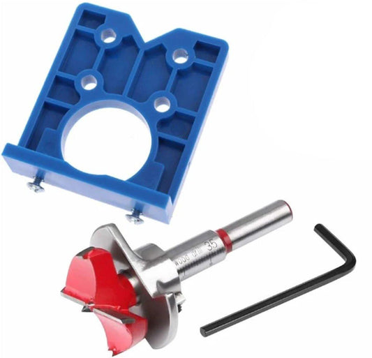 Drill guide - hinge gauge - Drill bit accessories - for 35mm hinge holes - 77*66mm - PP, TPR, carbon steel - blue - for carpentry, cabinet hinges and mounting plates.