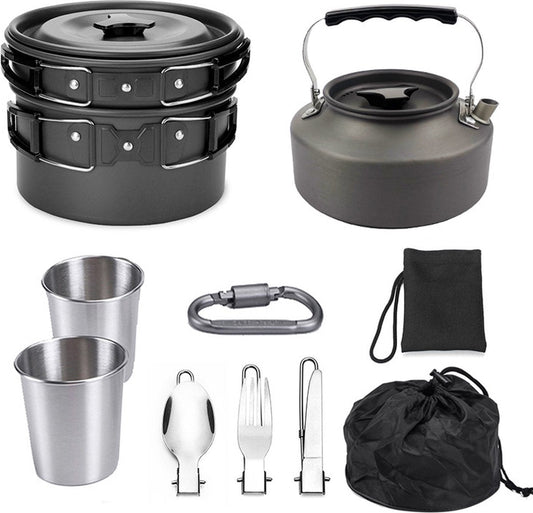 Cookware - 9-piece - for camping, outdoor, hiking, picnic, BBQ, foldable camping pans - safe and BPA - Suitable for 2-3 people camping pan set.