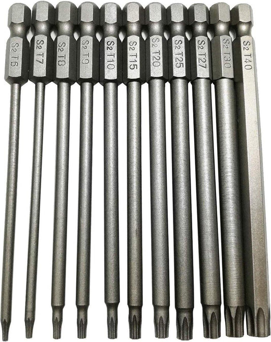 11 pieces - Screwdriver bits - Screwdriver bit set - Long Torx screwdriver set - Hollow Torx bit set - S2 steel - with security head - hexagon shaft - 100mm - T6 T7 T8 T9 T10 T15 T20 T25 T27 T30 T40.