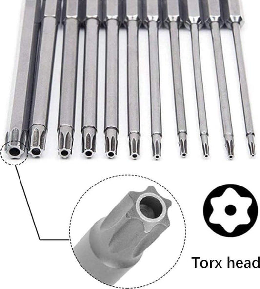 11 pieces - Screwdriver bits - Screwdriver bit set - Long Torx screwdriver set - Hollow Torx bit set - S2 steel - with security head - hexagon shaft - 100mm - T6 T7 T8 T9 T10 T15 T20 T25 T27 T30 T40.