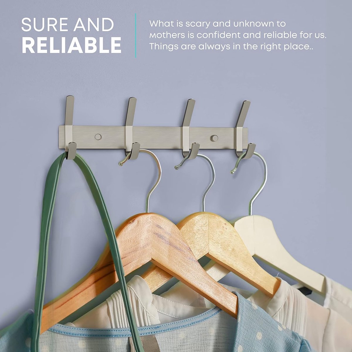 Wardrobe hooks - 5 hooks Stainless steel - Hook strip - Clothes hooks - For wall, wardrobe rail, wall wardrobe for bedroom, bathroom, kitchen - Silver - Coat hooks - 38 cm