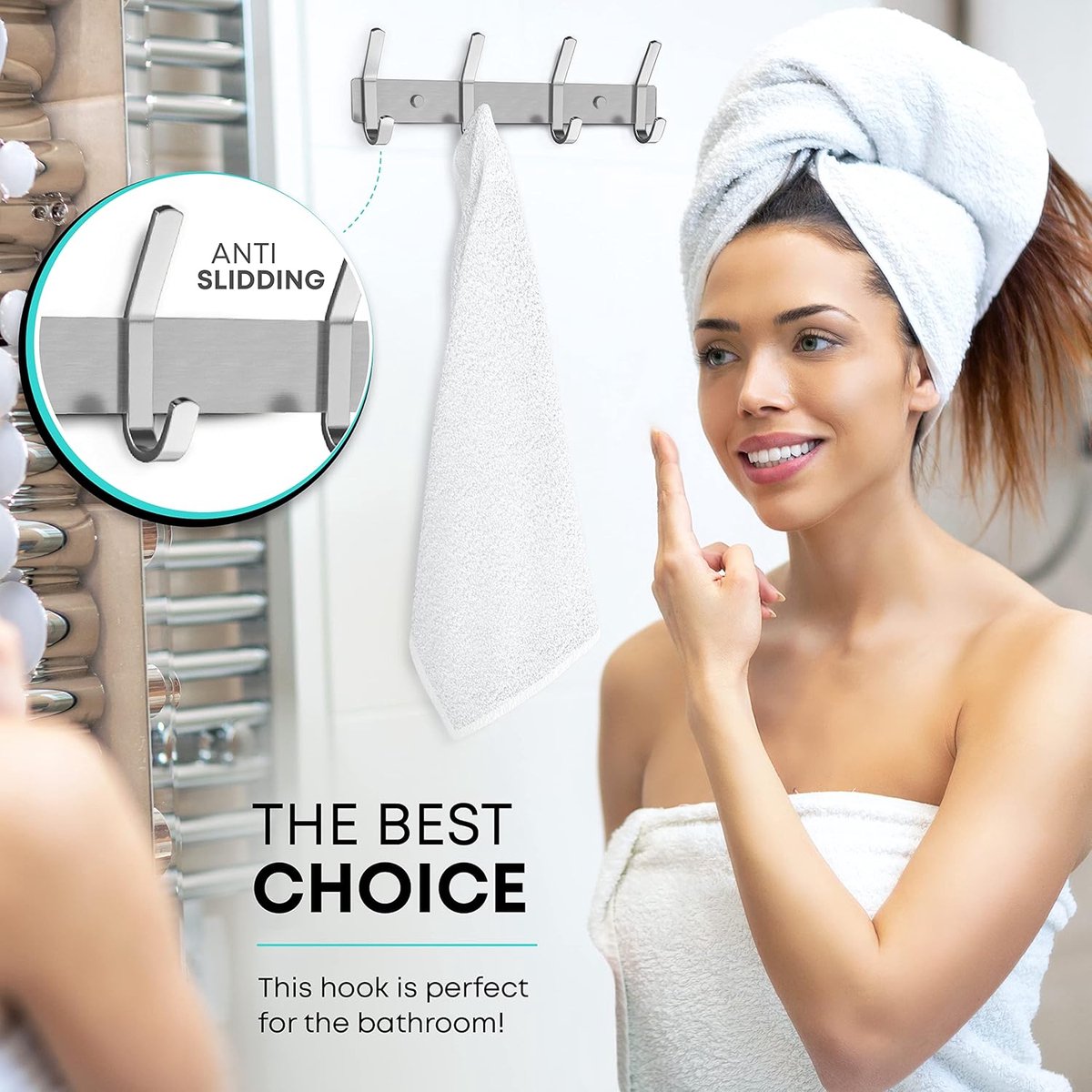 Wardrobe hooks - 5 hooks Stainless steel - Hook strip - Clothes hooks - For wall, wardrobe rail, wall wardrobe for bedroom, bathroom, kitchen - Silver - Coat hooks - 38 cm