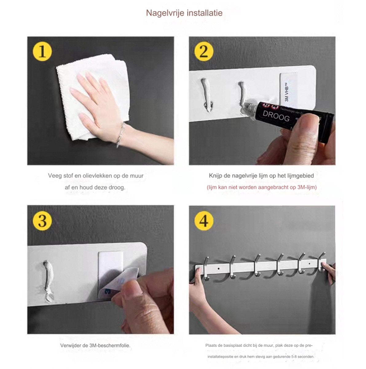 Wardrobe hooks - 5 hooks Stainless steel - Hook strip - Clothes hooks - For wall, wardrobe rail, wall wardrobe for bedroom, bathroom, kitchen - Silver - Coat hooks - 38 cm