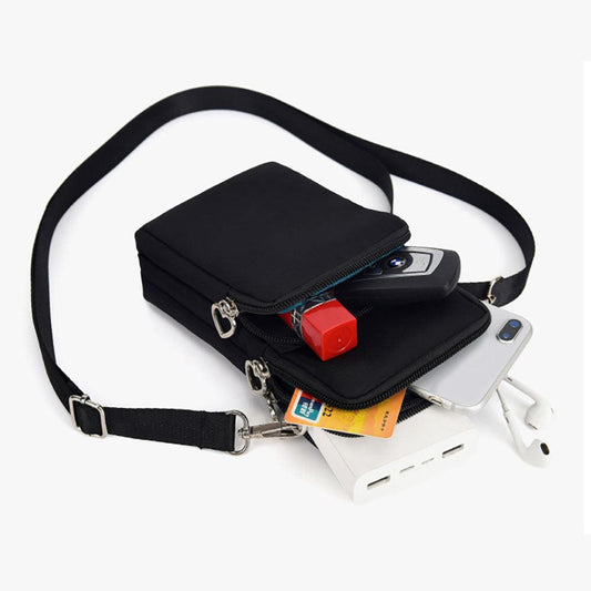 Mobile Phone Bag with Shoulder Strap in Durable Nylon Polyester Black.