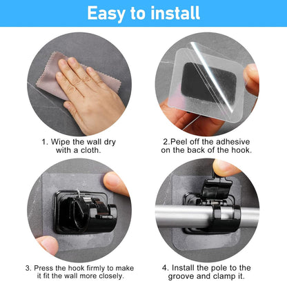 6 pcs Self-Adhesive Curtain Rod Holders, Nail-Free Adjustable Curtain Rod Brackets, Curtain Rod Wall Mounts (Black)