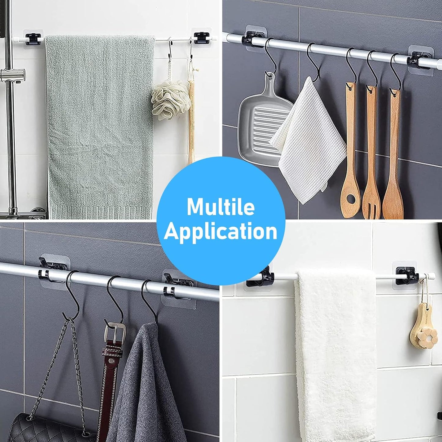 6 pcs Self-Adhesive Curtain Rod Holders, Nail-Free Adjustable Curtain Rod Brackets, Curtain Rod Wall Mounts (Black)