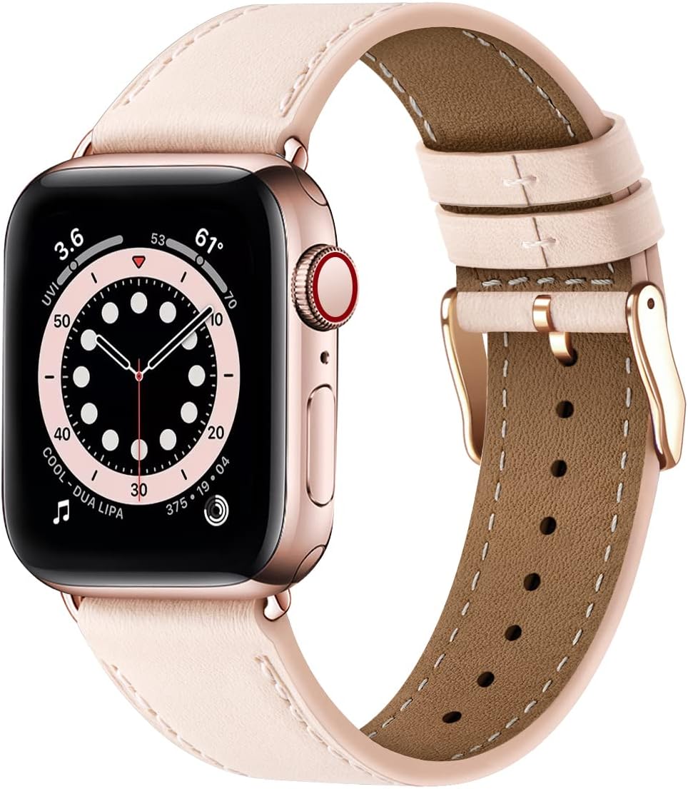 Compatible with Apple Watch Leather Replacement Band Genuine Leather Apple Watch Series 9 8 7 6 5 4 3 2 1 SE Ultra 38mm 40mm 41mm Rose Gold Pink