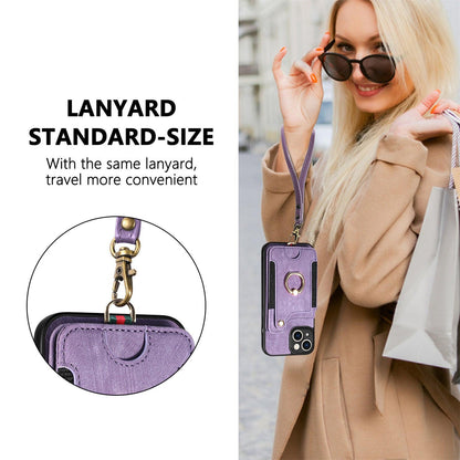 Suitable for iPhone mobile phone leather case RFID anti-theft brush ring buckle lanyard multifunctional card case Light Purple [With Leather Strap] Light Purple [With Leather Lanyard]] iPhone 15.