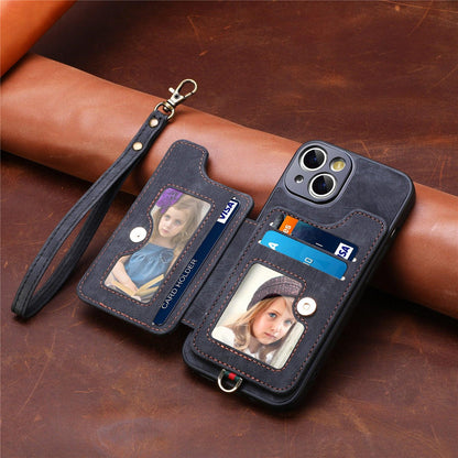 Suitable for iPhone mobile phone leather case RFID anti-theft brush ring buckle lanyard multifunctional card case Light Purple [With Leather Strap] Light Purple [With Leather Lanyard]] iPhone 15.