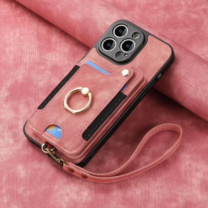 Suitable for iPhone mobile phone leather case RFID anti-theft brush ring buckle lanyard multifunctional card case Light Purple [With Leather Strap] Light Purple [With Leather Lanyard]] iPhone 15.