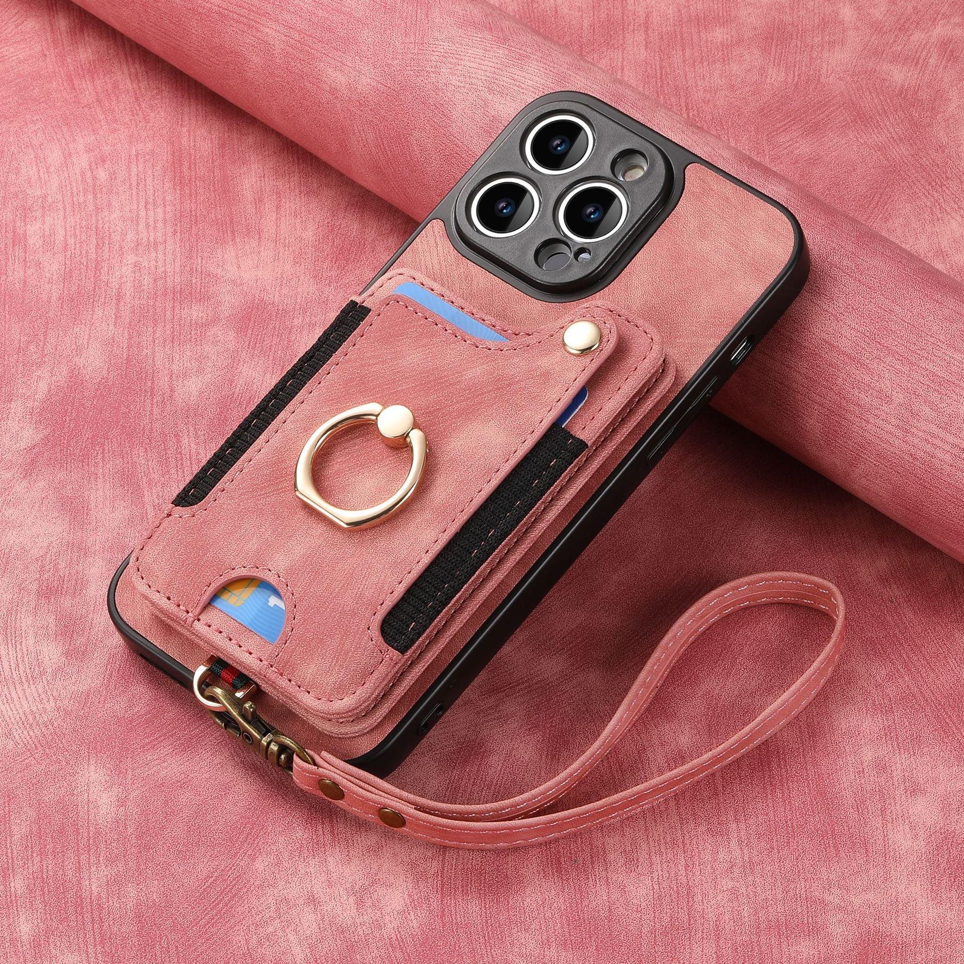 Suitable for iPhone mobile phone leather case RFID anti-theft brush ring buckle lanyard multifunctional card case Light Purple [With Leather Strap] Light Purple [With Leather Lanyard]] iPhone 15.