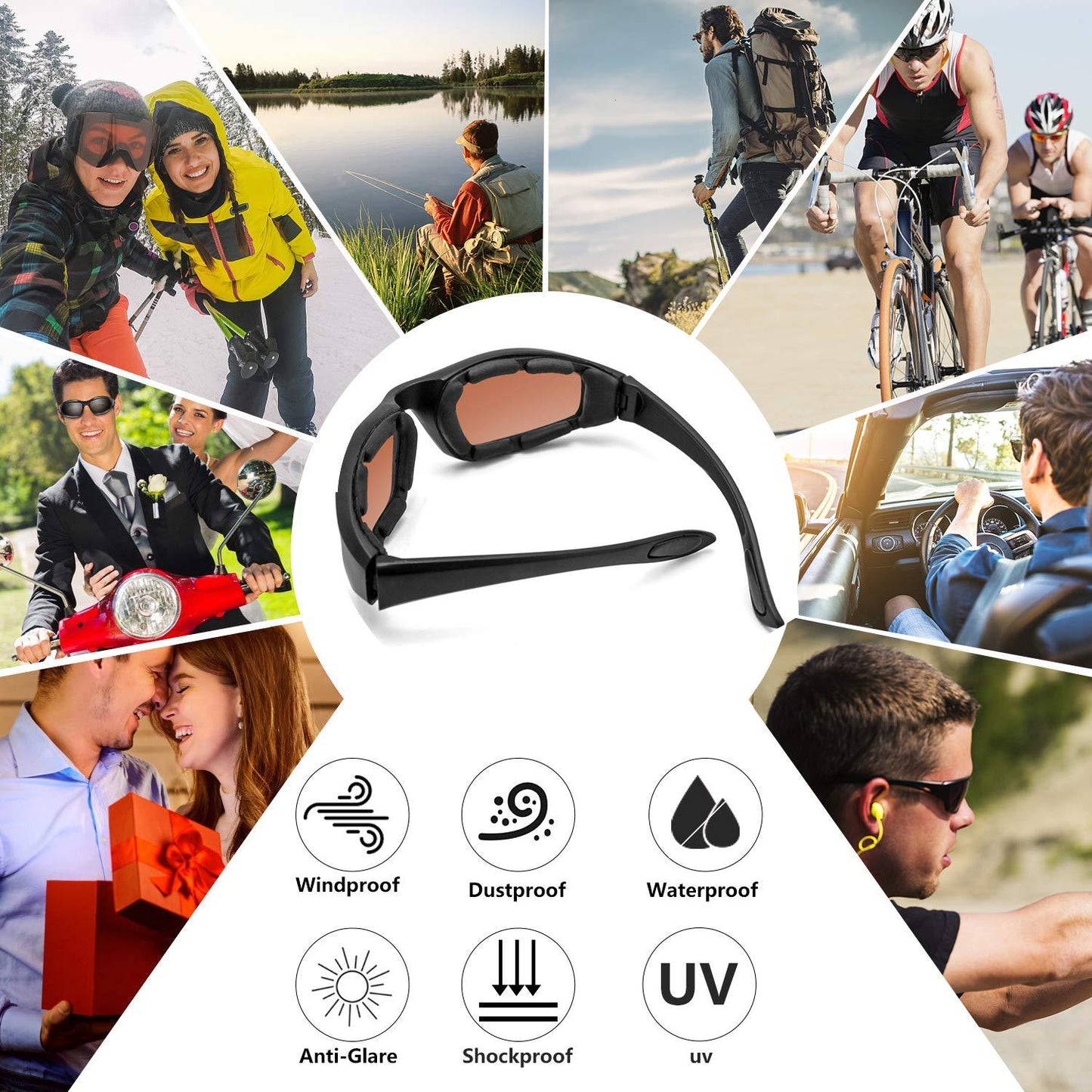 Compatible with Oral-B Cycling Glasses Windproof Desert Dustproof Sports Built-in Foam Goggles 3 Pcs