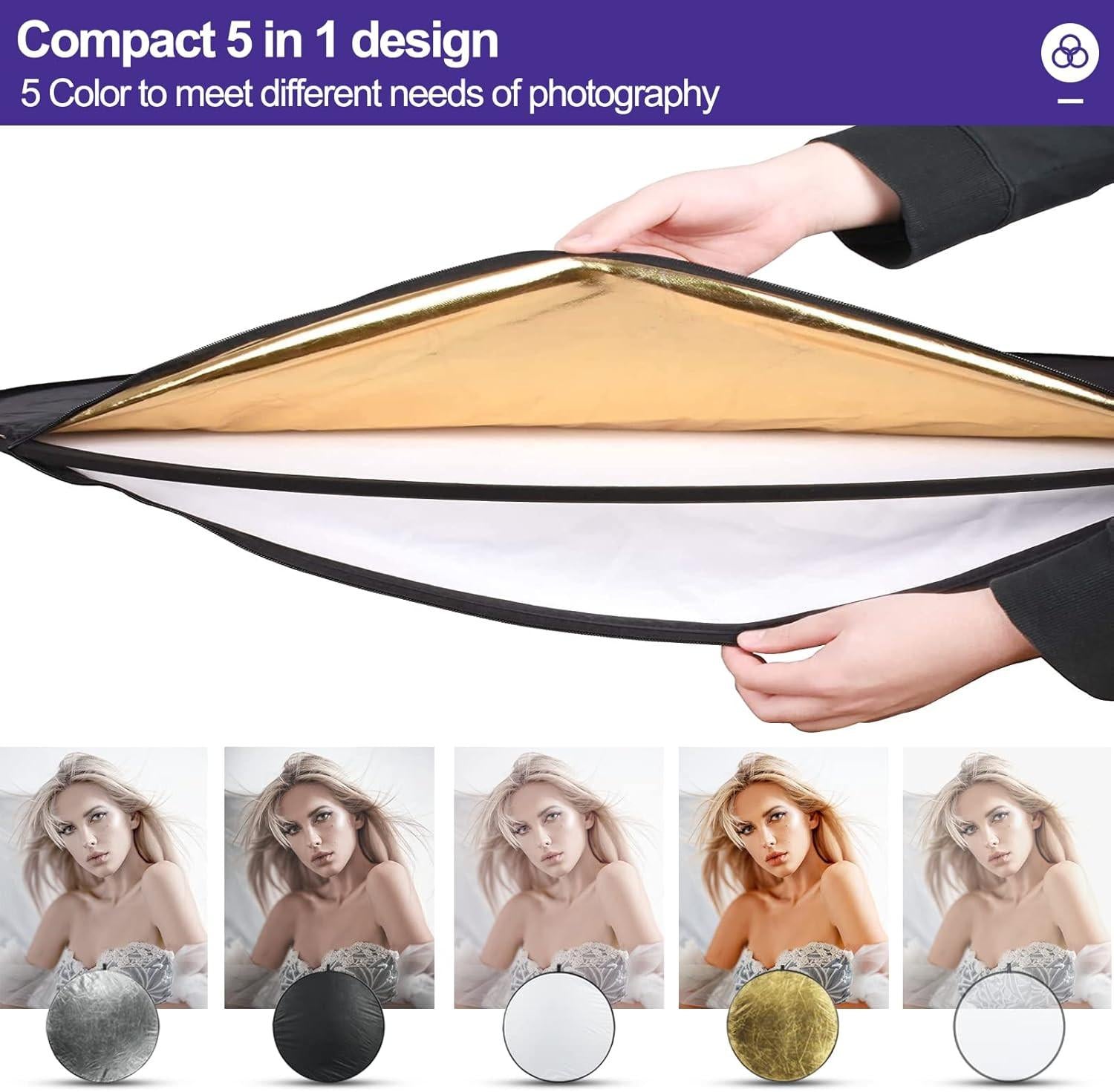 5-in-1 Foldable Light Reflector 60 x 90 cm Large Oval Portable Photo Reflector with Carrying Bag.