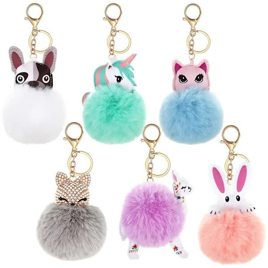 6-Pack Cute Animal Pom Pom Keychain, Faux Plush Fluffy Keychains For Girls.