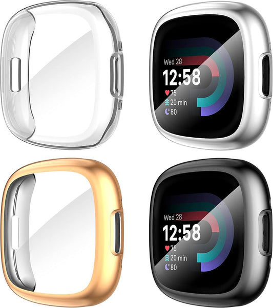 Fitbit Versa 4 Sense 2 Screen Protector Case 4-Pack Shockproof Soft TPU Full Protection.