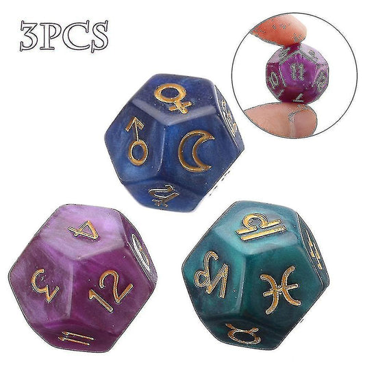 Astrology Dice 12-Sided Resin Tarot Constellation Divination Set 3pcs.