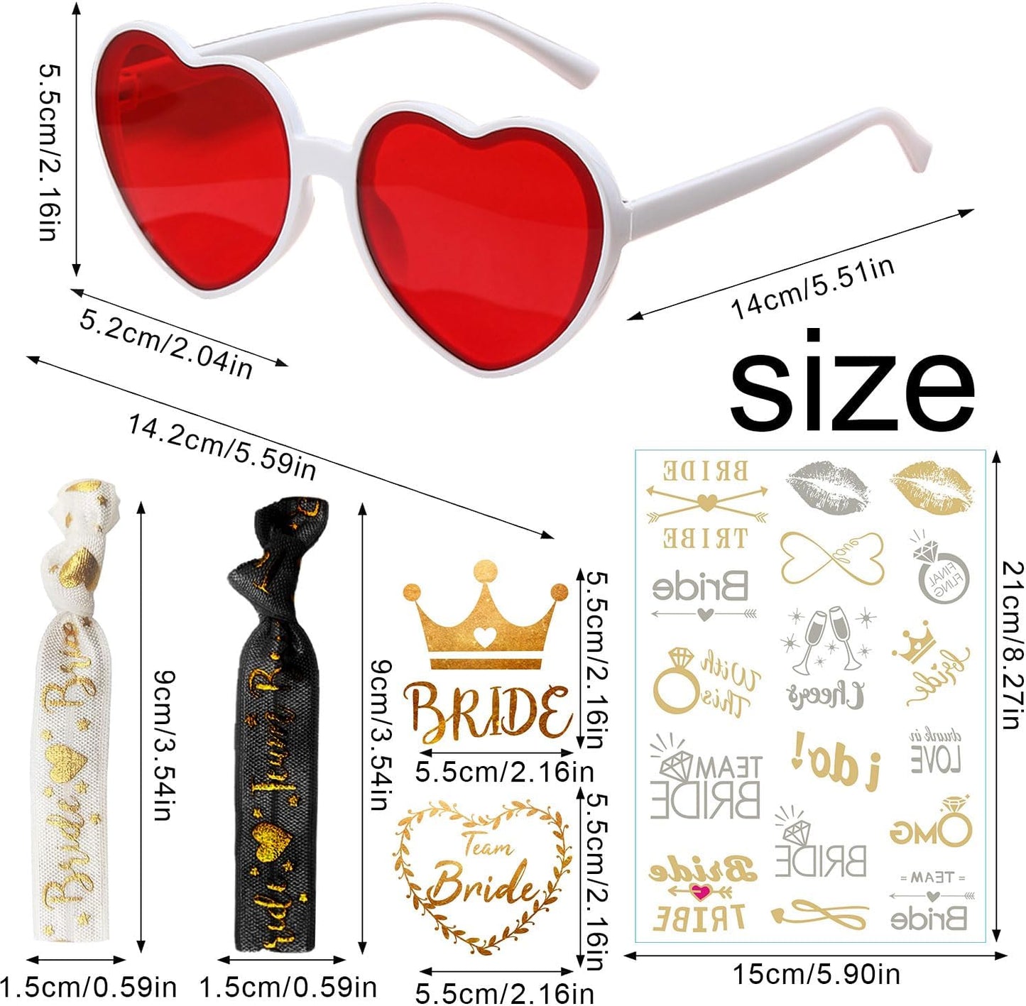 Party Sunglasses Heart Shaped Sunglasses, Bride to Be Heart Glasses Set, JGA Glasses Team Bride Bracelet, Bride Tattoo Stickers Tz-black