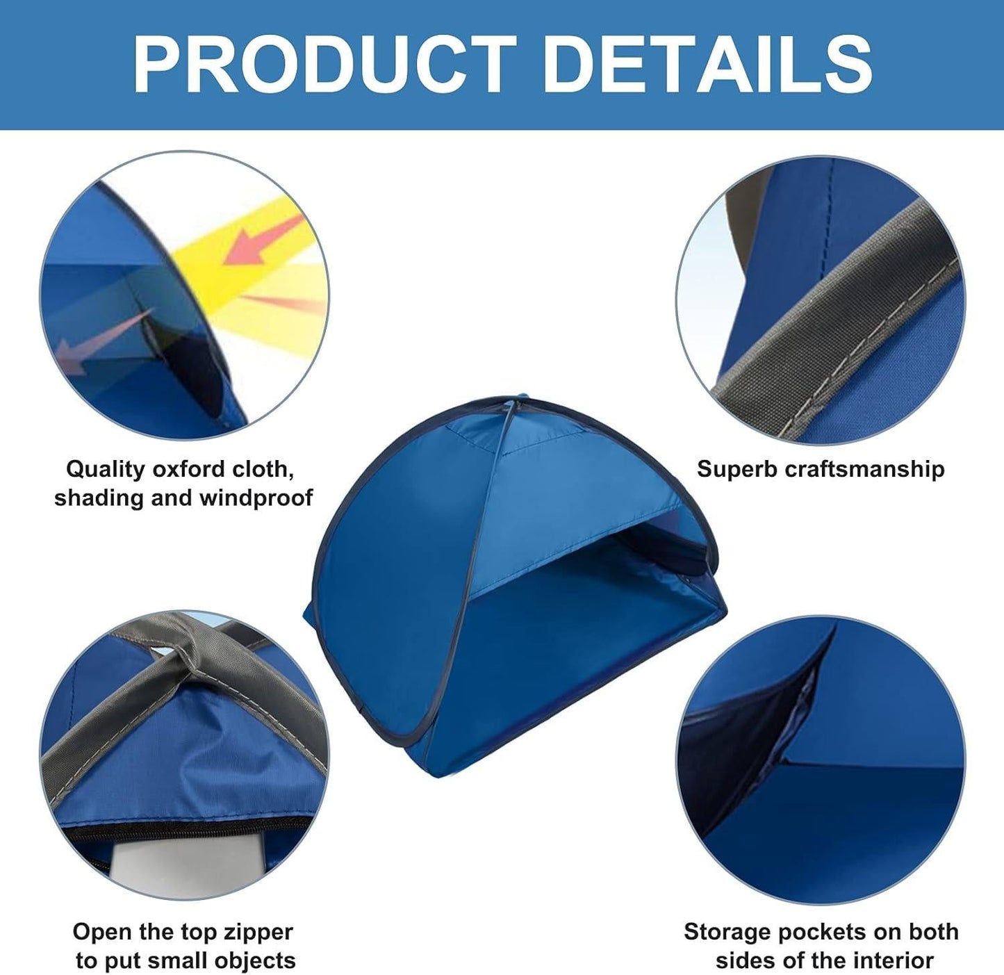 Pop-up Beach Shelter - Portable Beach Tent Anti-UV, Windproof, Picnic Tent for Small Dogs, Cats and Other Small Pets, Blue.