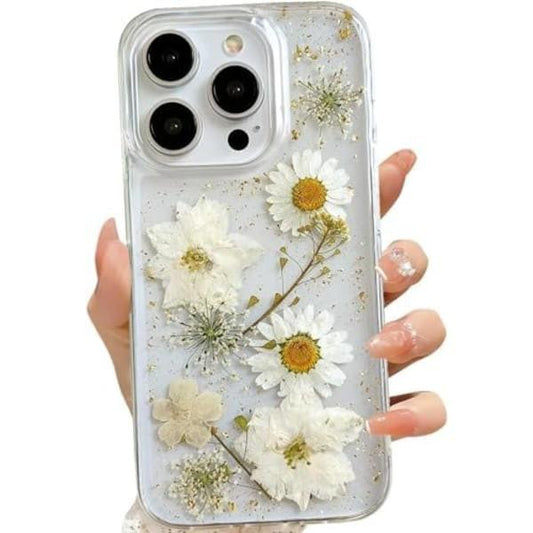 iPhone 16 Plus Case with Real Flowers Design, Transparent Glitter Floral TPU Slim Soft Protective Case for Women.