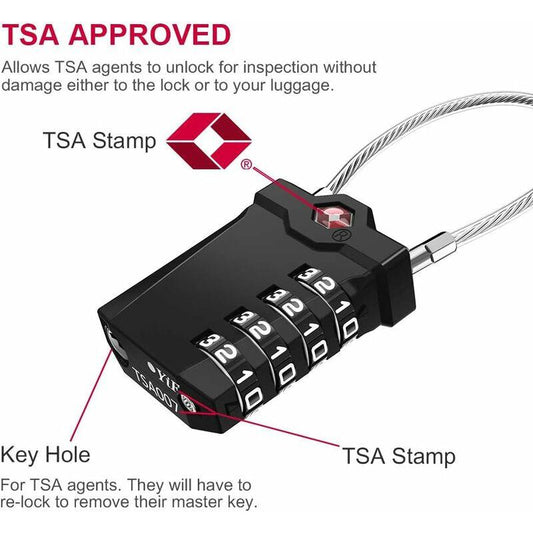 TSA Lock 4-Digit Combination Luggage Suitcase Alarm Anti-Theft Code with Opening Alarm Black 1 Piece.