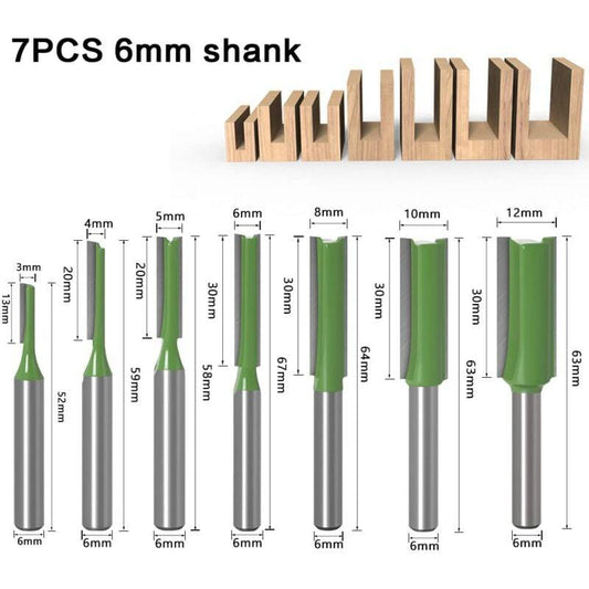 Straight Router Bit Set 6mm 7-Piece Woodworking Carbide with Bosch Makita.