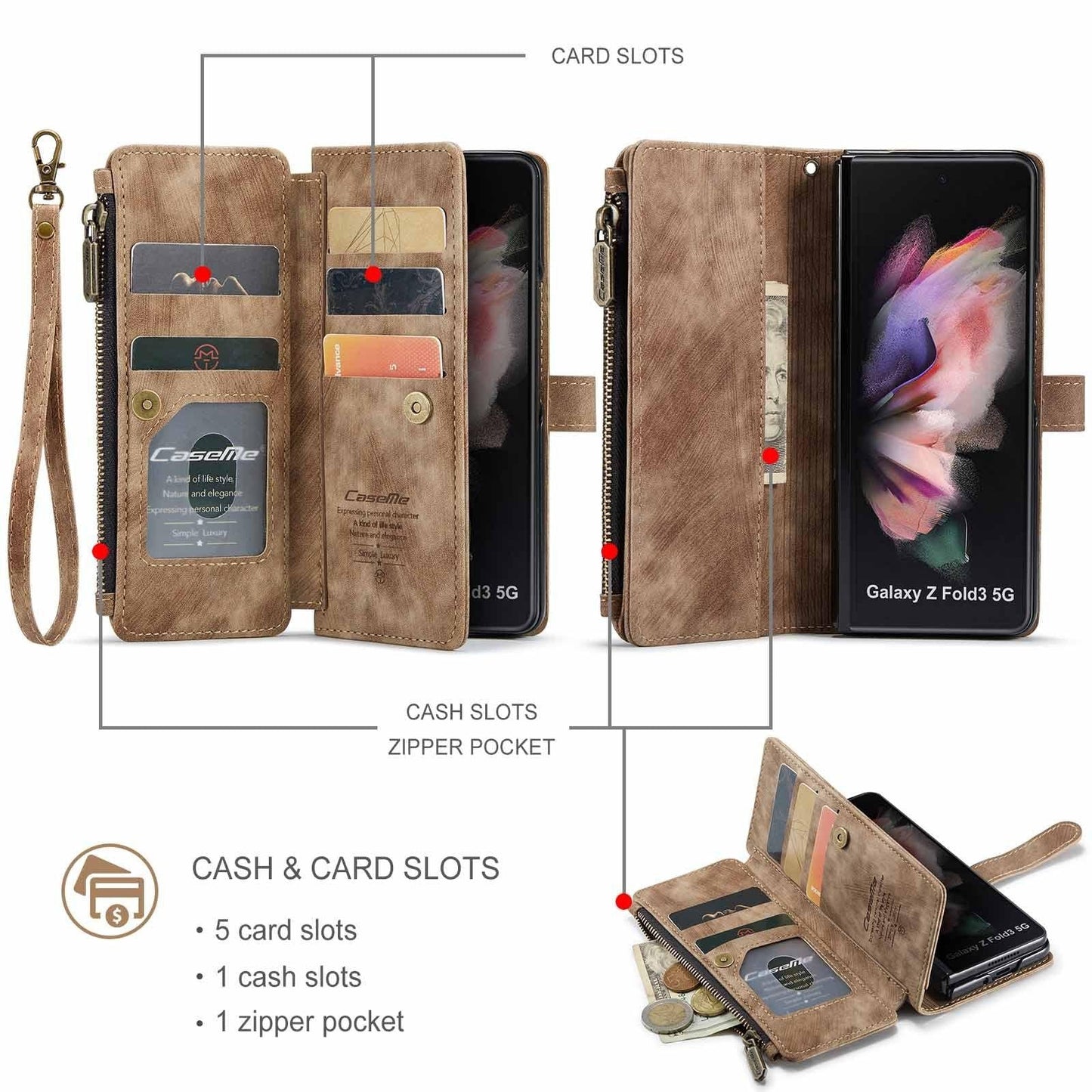 Compatible with Samsung Galaxy Z Fold 3 Case, Samsung, Retro Wallet Design, Card Slots, Magnetic Stand \u0026 Strap.