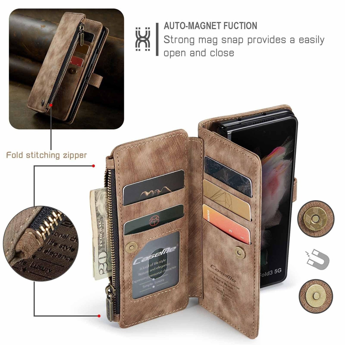 Compatible with Samsung Galaxy Z Fold 3 Case, Samsung, Retro Wallet Design, Card Slots, Magnetic Stand \u0026 Strap.