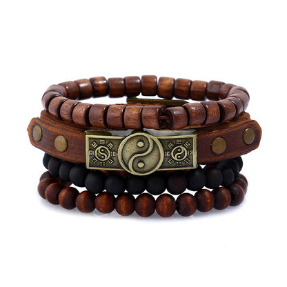 Brown Leather Bracelets with Wooden Beads for Men, 4-Pack - Compatible with iPhone