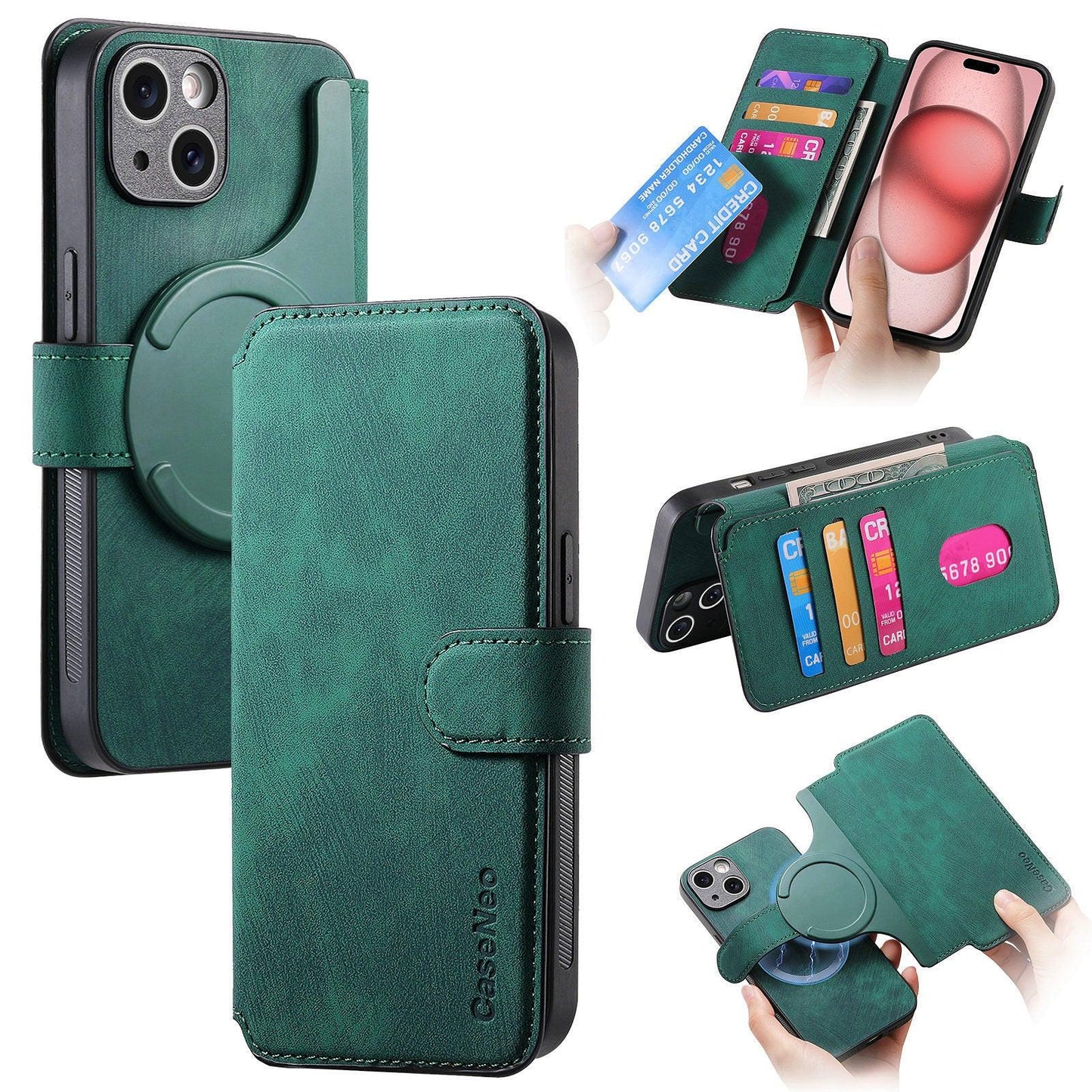 New Magnetic Two-in-one Separation Structure Mobile Phone Case - Card Holder RFID Anti-theft Brush - Suitable for iPhone Mobile Phone Case Gr Green iPhone 15.