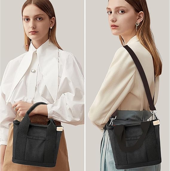 Multi-Pocket Tote Bag with Zipper, Canvas Handmade Handbag with Compartments, Multifunctional Satchel Bags for Women, Ladies, University, School, Work, Travel Black-small