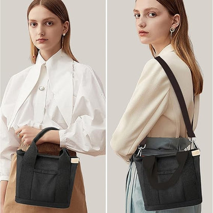 Multi-Pocket Tote Bag with Zipper, Canvas Handmade Handbag with Compartments, Multifunctional Satchel Bags for Women, Ladies, University, School, Work, Travel Black-small
