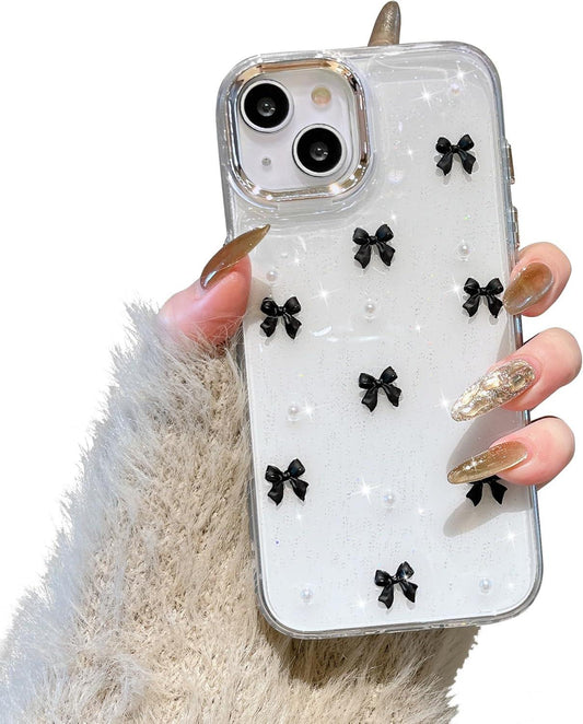 Compatible with iPhone 15 Plus, Bling Glitter 3D Bowknot Phone Case Cute Sparkly Crystal Clear Bowknot Slim Soft Durable Protective Case Black iPhone 15 Plus.