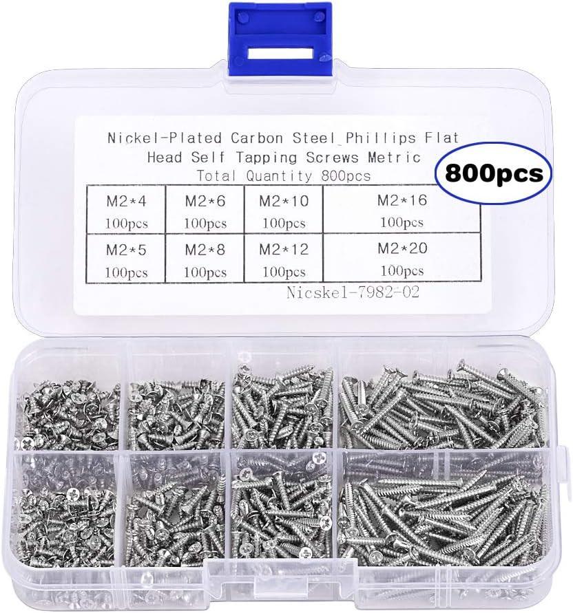800pcs Small M2 Self Tapping Screws Assortment Box, Countersunk Phillips Flat Head Wood Screws (M2-4mm 5mm 6mm 8mm 10mm 12mm 16mm 20mm).