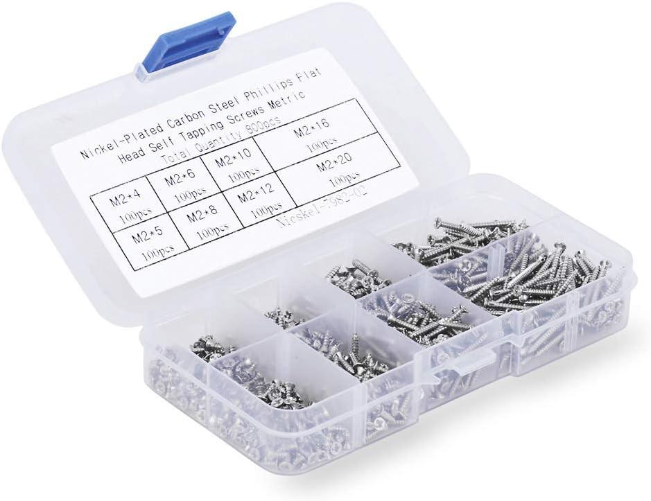 800pcs Small M2 Self Tapping Screws Assortment Box, Countersunk Phillips Flat Head Wood Screws (M2-4mm 5mm 6mm 8mm 10mm 12mm 16mm 20mm).