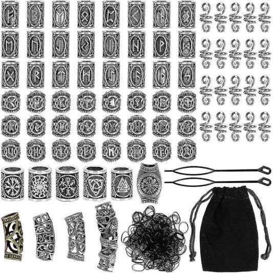 Kryc 80 Rune Beads Set with 300 Rubber Bands for DIY Viking Beard and Hair Beads Antique Nordic Jewelry Braided Bracelet Pendant.