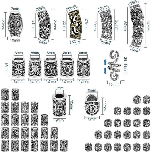 Kryc 80 Rune Beads Set with 300 Rubber Bands for DIY Viking Beard and Hair Beads Antique Nordic Jewelry Braided Bracelet Pendant.
