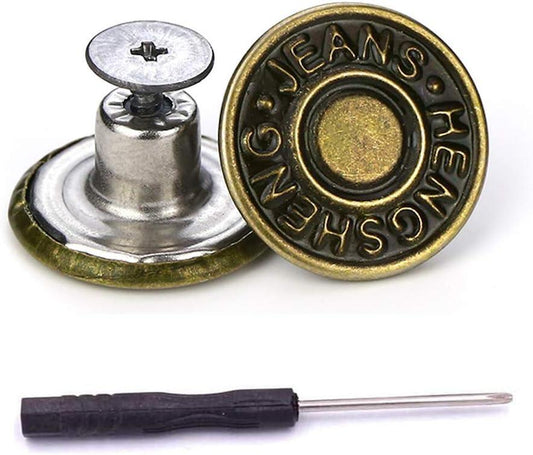 15 Sets Replacement Jeans Buttons, 17mm No-Sew Nailess Removable Metal Jeans Button Replacement Repair Combo Thread Rivets and Screwdrivers.