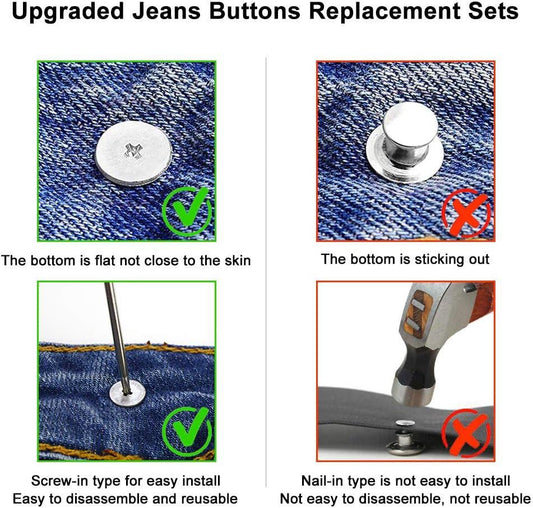 15 Sets Replacement Jeans Buttons, 17mm No-Sew Nailess Removable Metal Jeans Button Replacement Repair Combo Thread Rivets and Screwdrivers.
