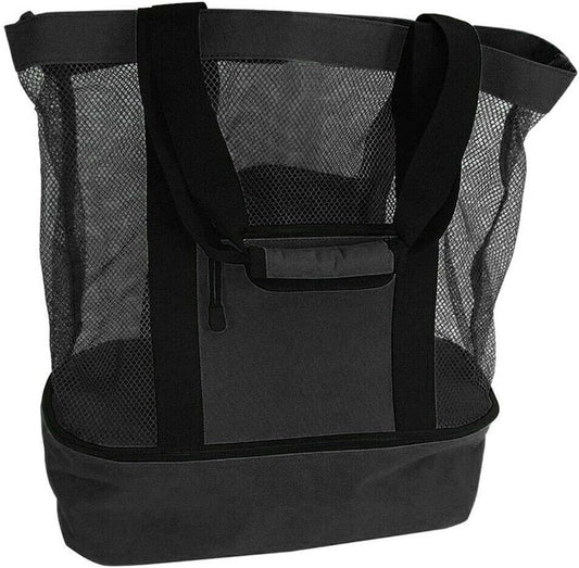 Mesh Beach Tote Bag with Detachable Insulated Beach Cooler Compartment Waterproof Sandproof Picnic Pool Bag, Black, Large.