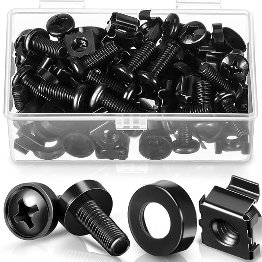 50 Pack M6 x 16 mm Rack Mount Cage Nuts, Screws and Washers Stainless Steel Black Server Rack Screws Square Insert Nuts for Audio Server Console Mounting Routers, Shelves, Enclosures, Cabinets.