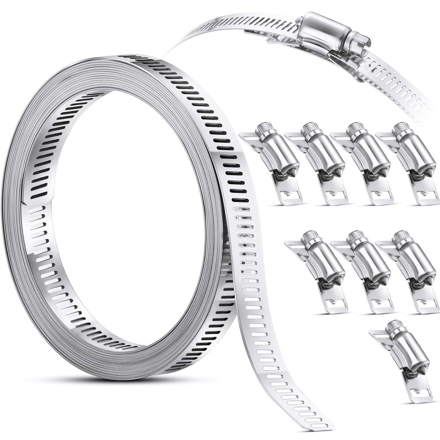 Hoses Clamps, Clamps Worm, Worm Clamps Stainless Steel, Large Hose Clamp Worm Drive Hose Clamps Adjustable Pipe Hose Clamp for Intercooler, Pipe, Plumbing, Tube and Fuel Line (9 Pieces,11.5 Feet).