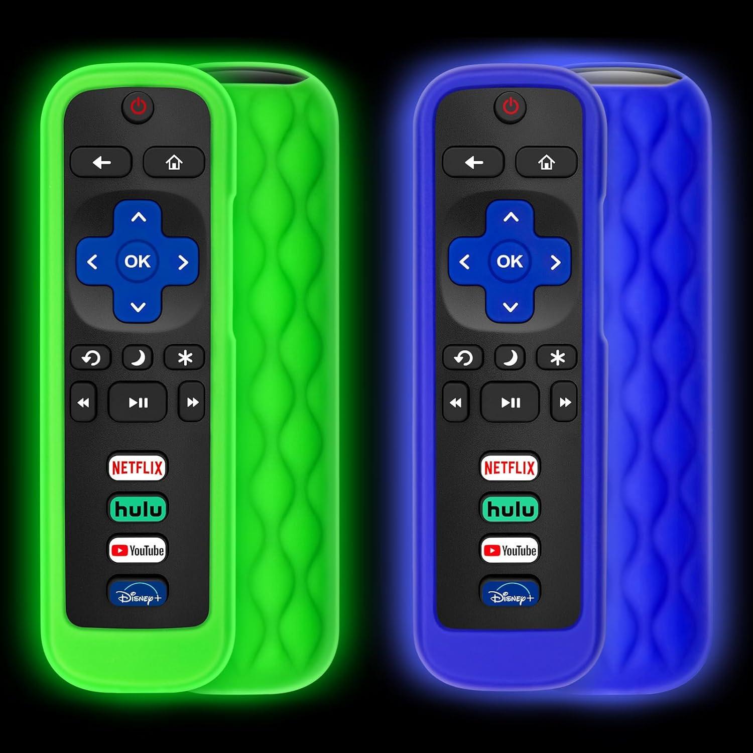 (Pack of 2) Remote Cover Case for Roku TV Remote Control/Silicone Protective Sleeve Skin - Glow in The Dark (Green/Blue).